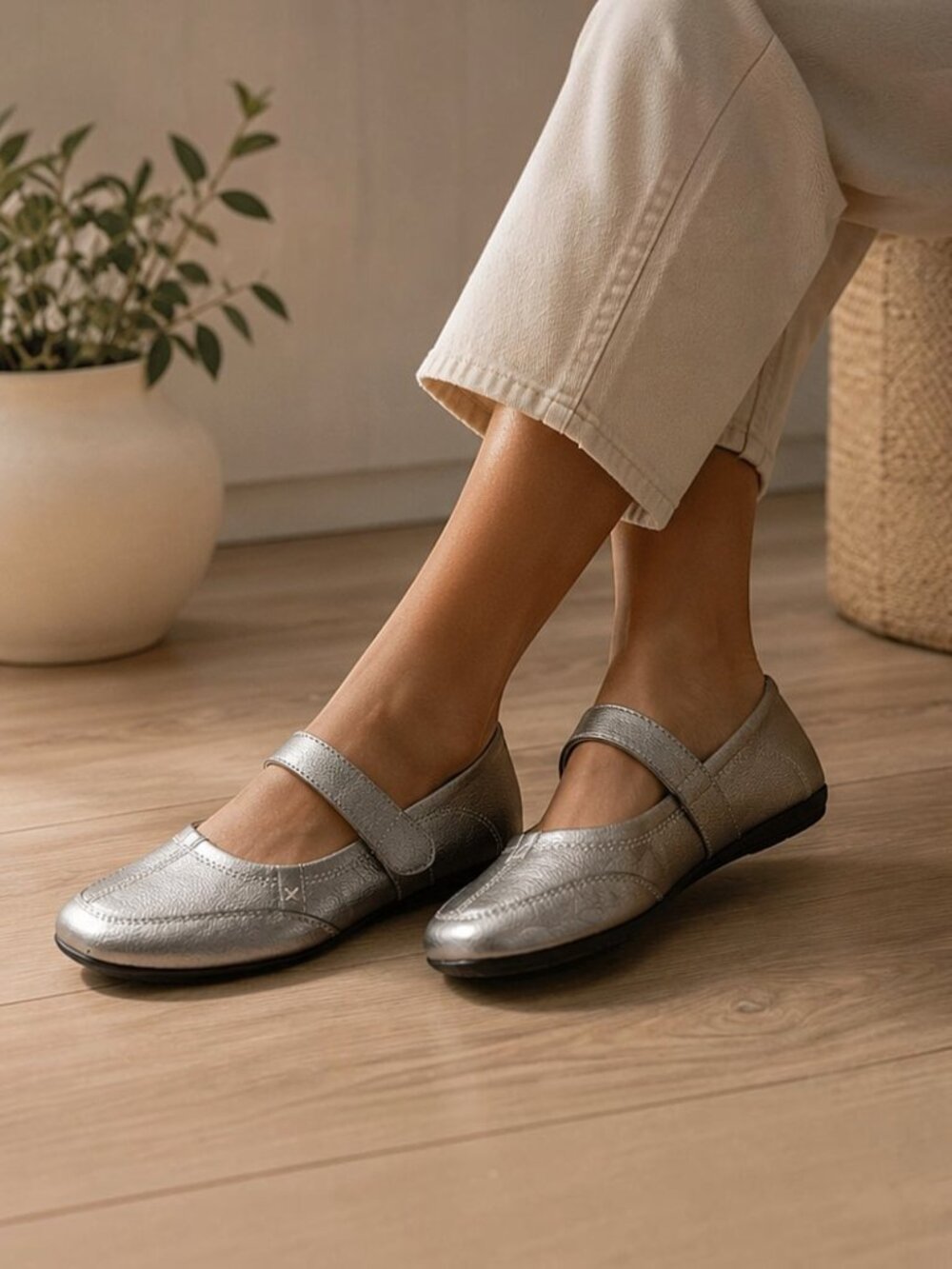 Metallic Silver Mary Jane Comfort Flats Loafers | Sizes 8–9.5